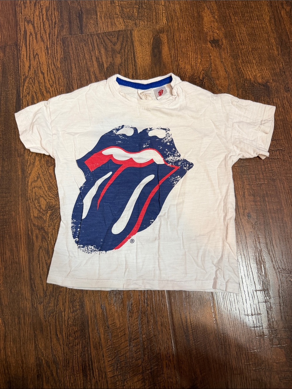 🤘🏻White Kids' Tee with Blue & Red Rolling Stones Tongue Print